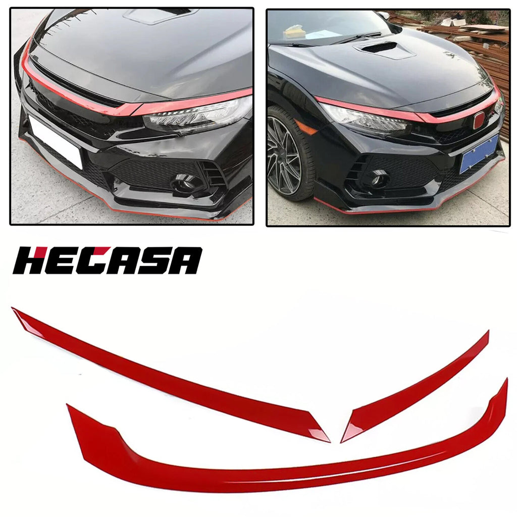 3PC Glossy Red ABS Front Grill Trim Cover for Honda Civic (2016–2021)