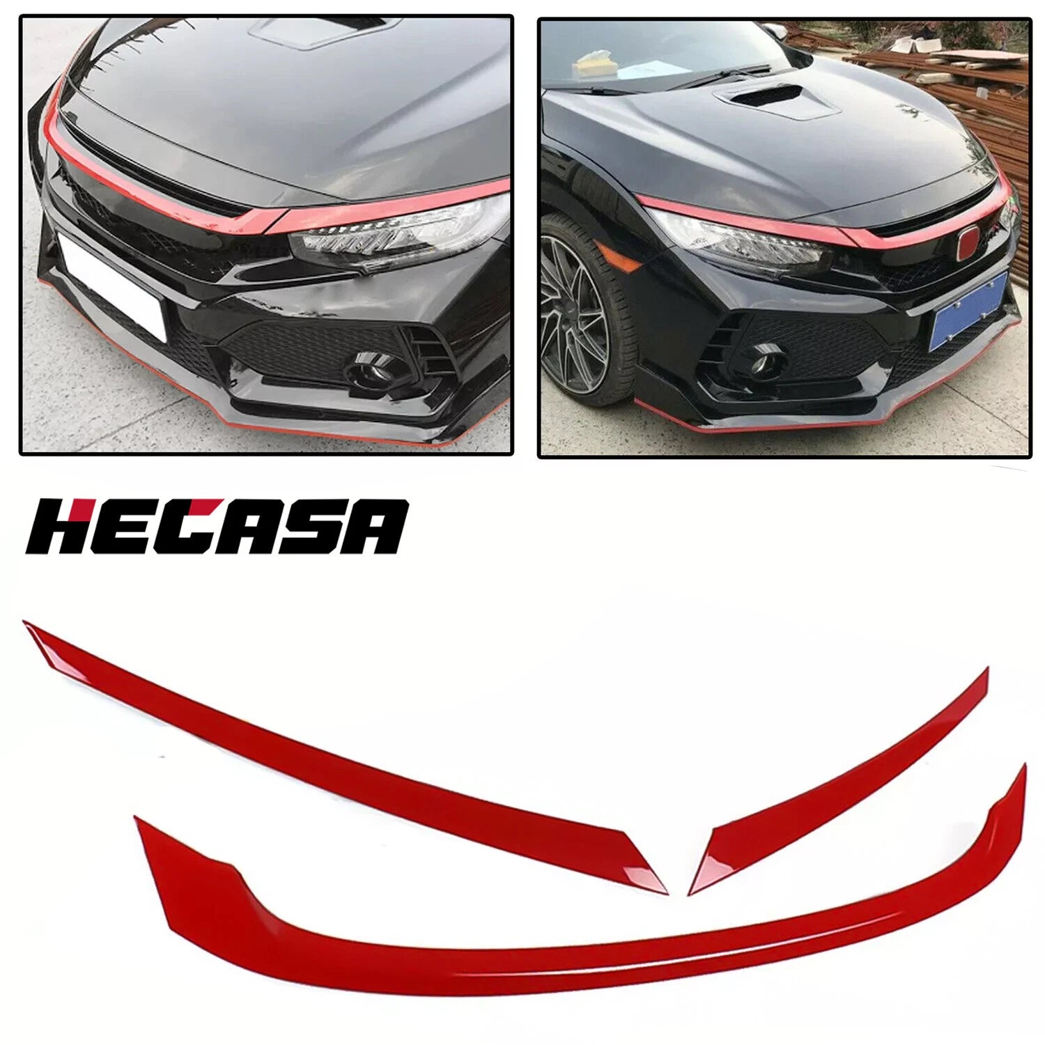 3PC Glossy Red ABS Front Grill Trim Cover for Honda Civic (2016–2021)