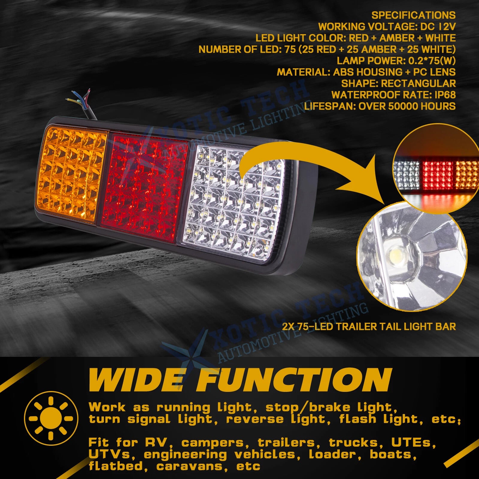 Rectangular Rear Tail Brake Backup Light for Boat Truck Van RV (-)