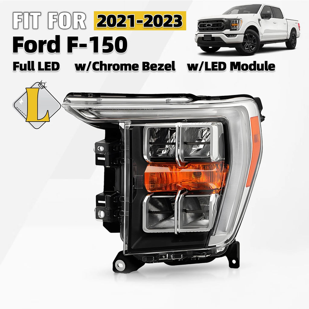 Full LED Headlight for Ford F-150 (2021–2023) Chrome Bezel w/o AFS Driver Side