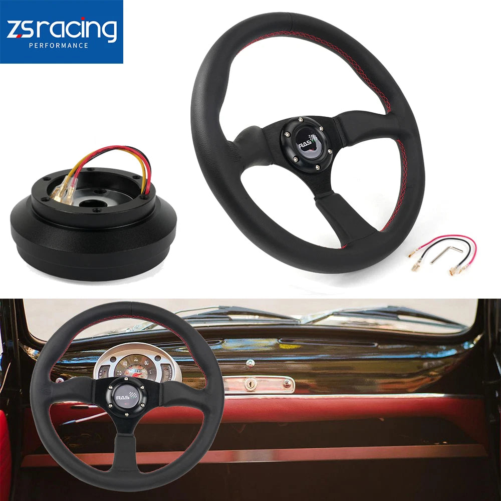 14" Black Leather Steering Wheel with Hub Adapter for Ford Mustang (1984–2004)