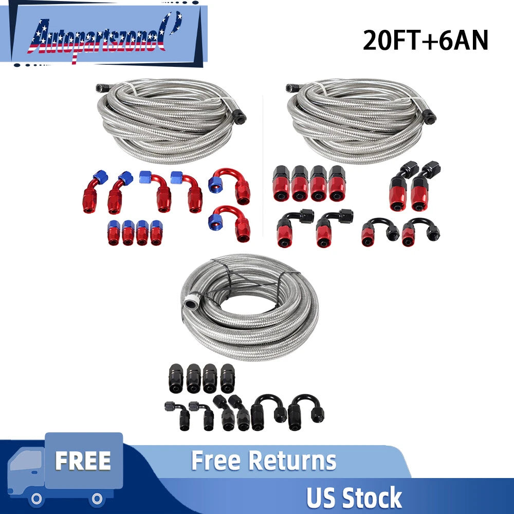 20FT 6AN Nylon Braided Fuel Line Hose with Aluminum Fittings Kit
