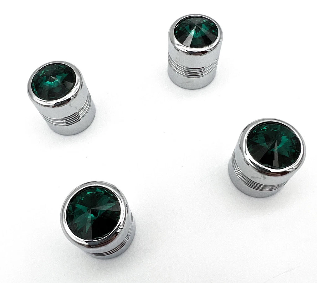 Tire Valve Stem Caps Set Chrome Green Diamond for Hot Rod Car Truck ATV