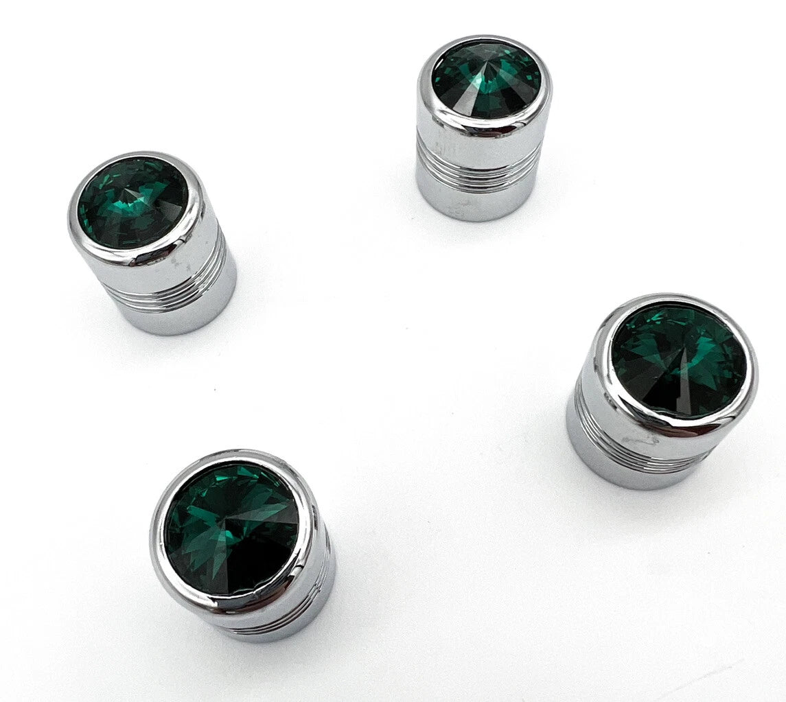 Tire Valve Stem Caps Set Chrome Green Diamond for Hot Rod Car Truck ATV