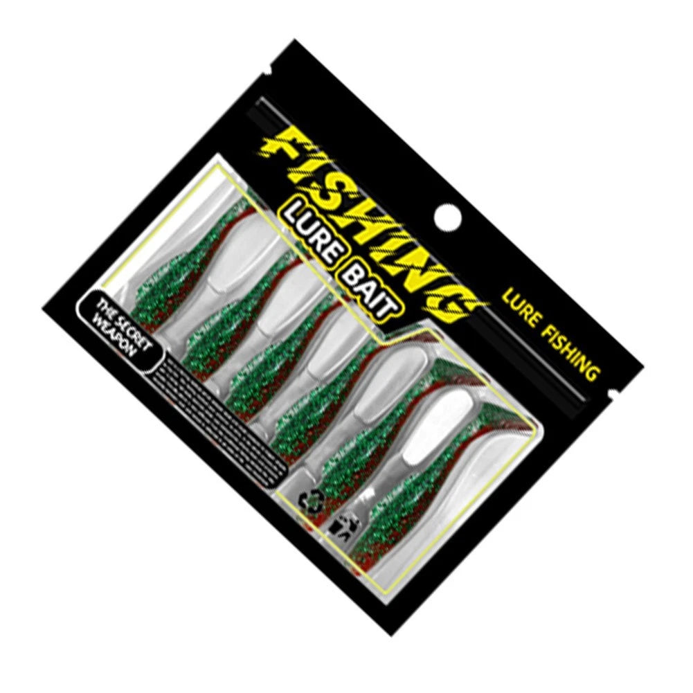 6pc Soft Lure T-Tail Design TPR with Glitter Flakes for Freshwater