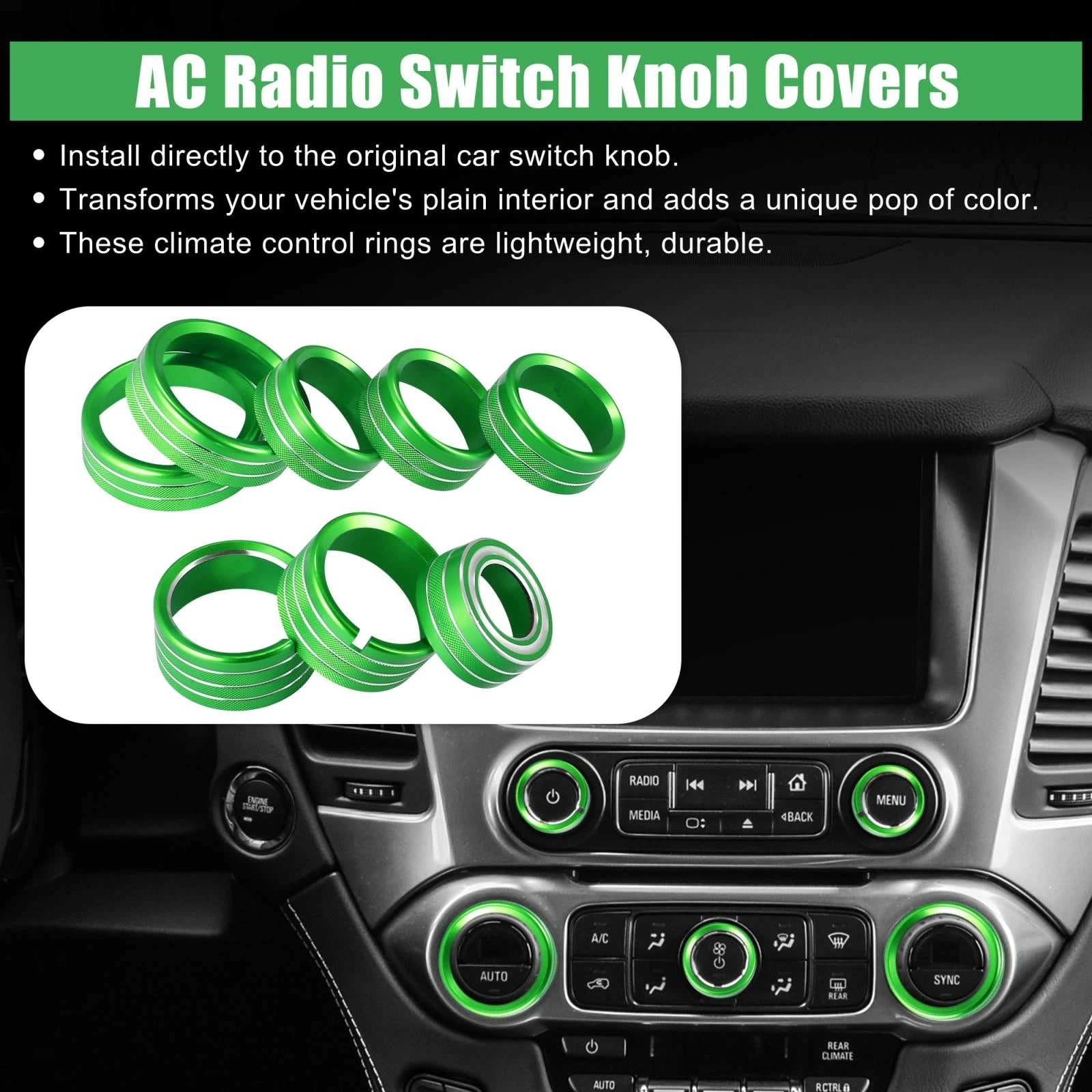 8 Pcs Green AC Radio Switch Knob Cover for Chevy Silverado, GMC Sierra (2014–2018)