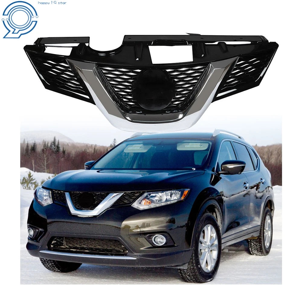 Front Bumper Upper Grille Glossy Black Mesh w/Chrome for Nissan Rogue (2014–2015)