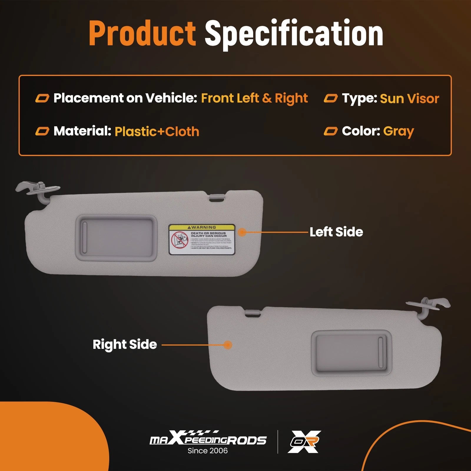 Pair Sun Visor Set LH RH for Hyundai Elantra (2011–2015) 852103X000TX Gray