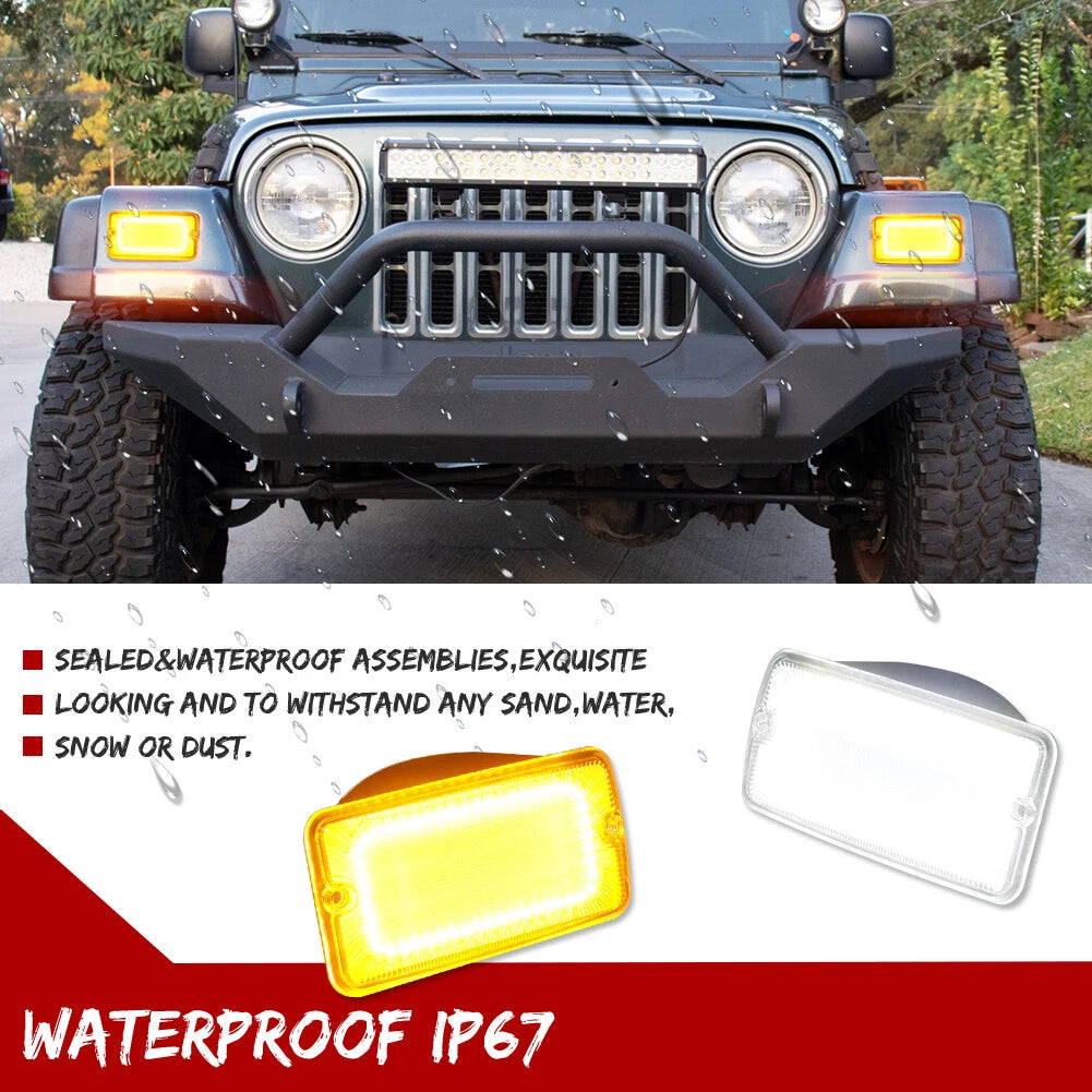 Clear Switchback LED Front Bumper DRL Signal Lights for Jeep Wrangler TJ (1997–2006)