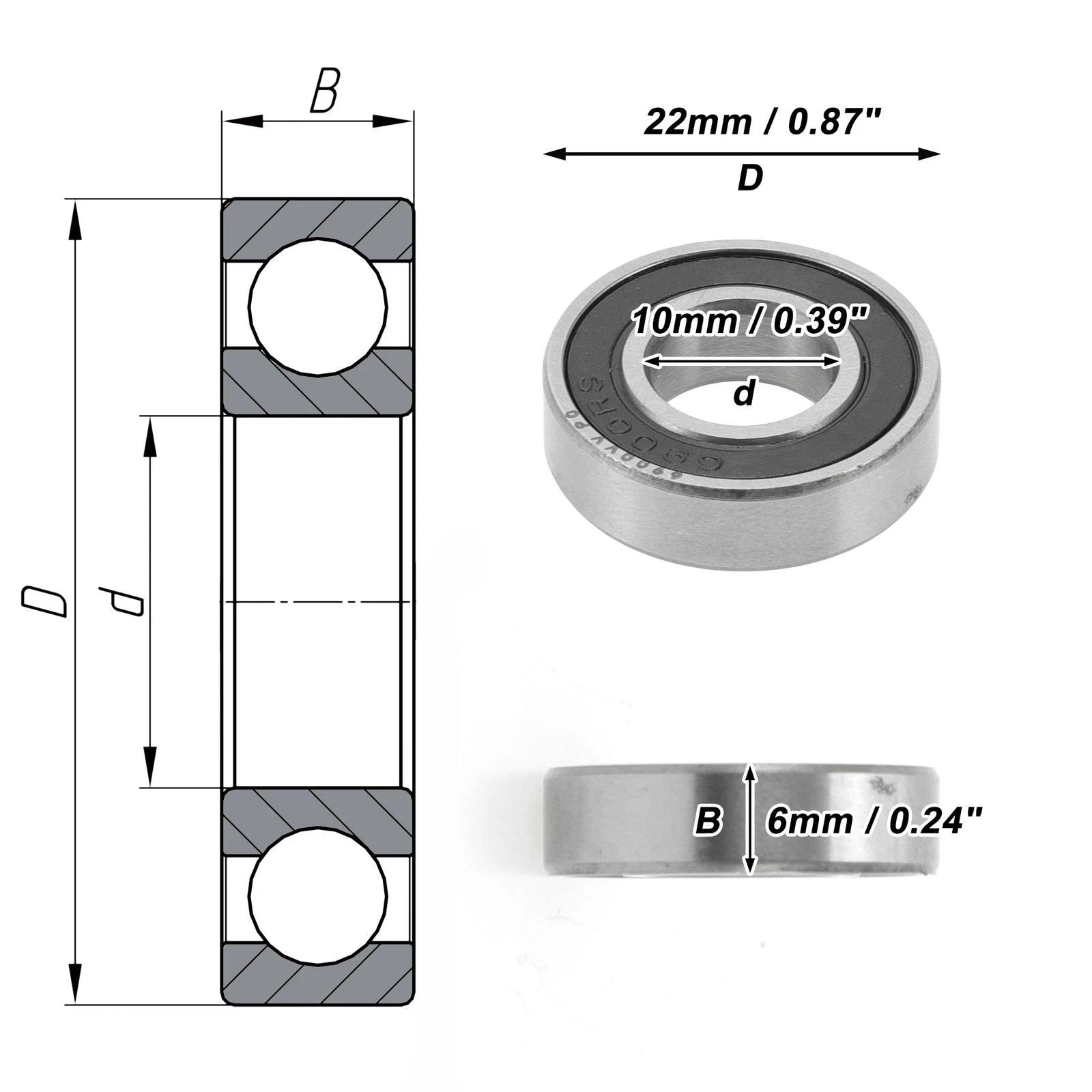 Deep Groove Ball Bearing P0 for Scooter Skateboard (10x22x6mm)