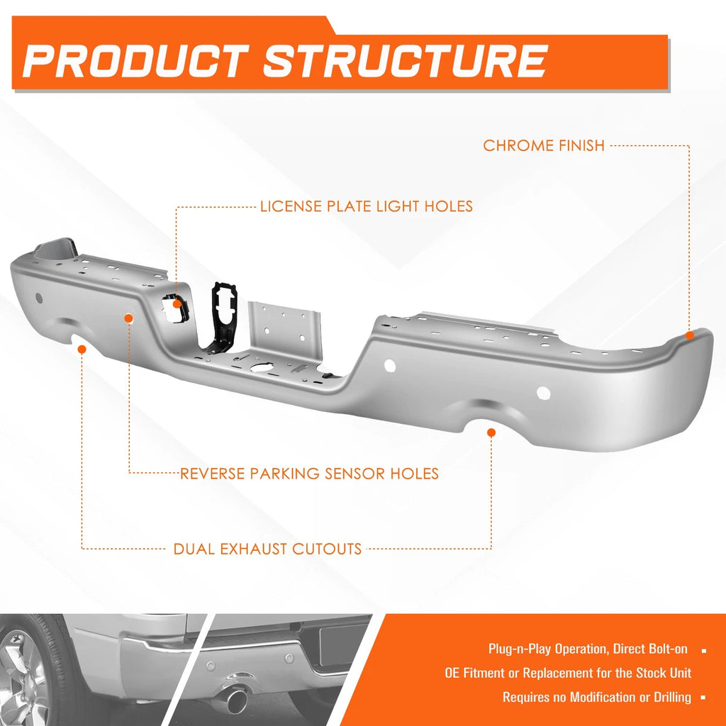 Rear Bumper for Dodge Ram 1500 (2009–2024) w/Dual Exhaust Cutouts, Sensor Holes