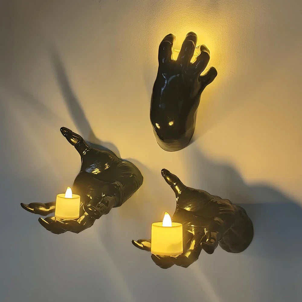 3 x Wall Mounted Creepy Reaching Hands with Lighted Candles for Decoration