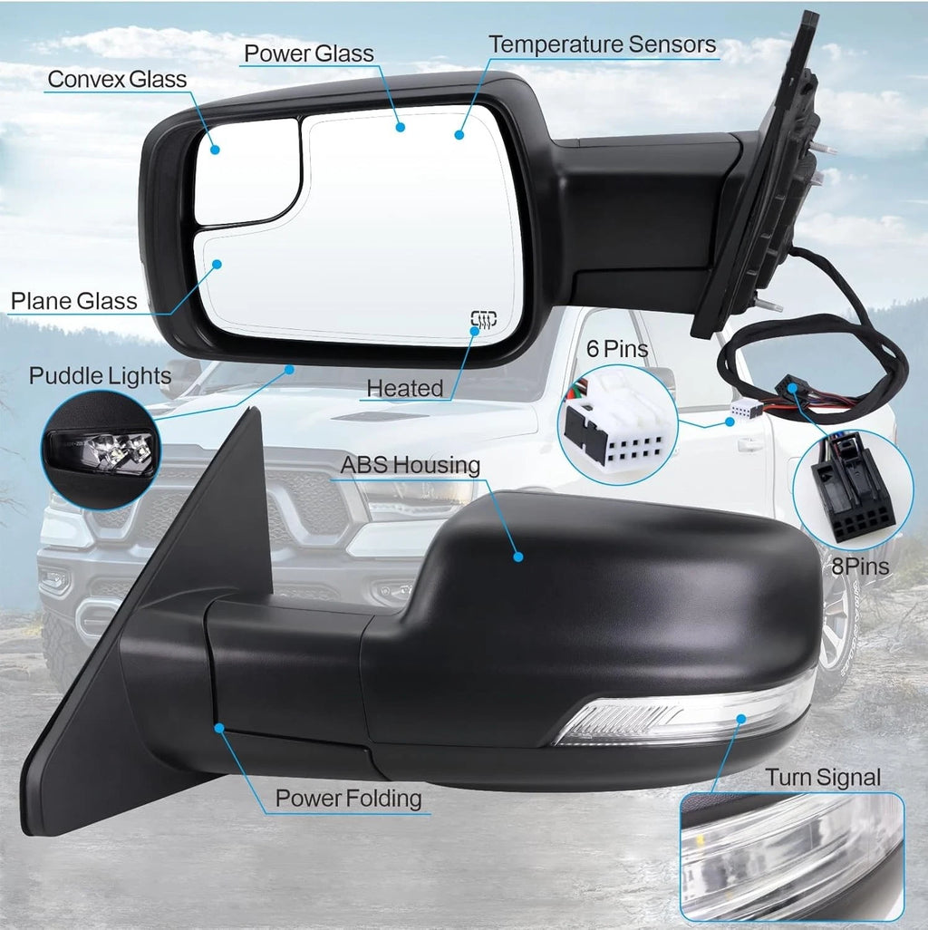 Set of 2 Heated Turn Signal Side Mirrors for Ram 1500 (2019–2024)