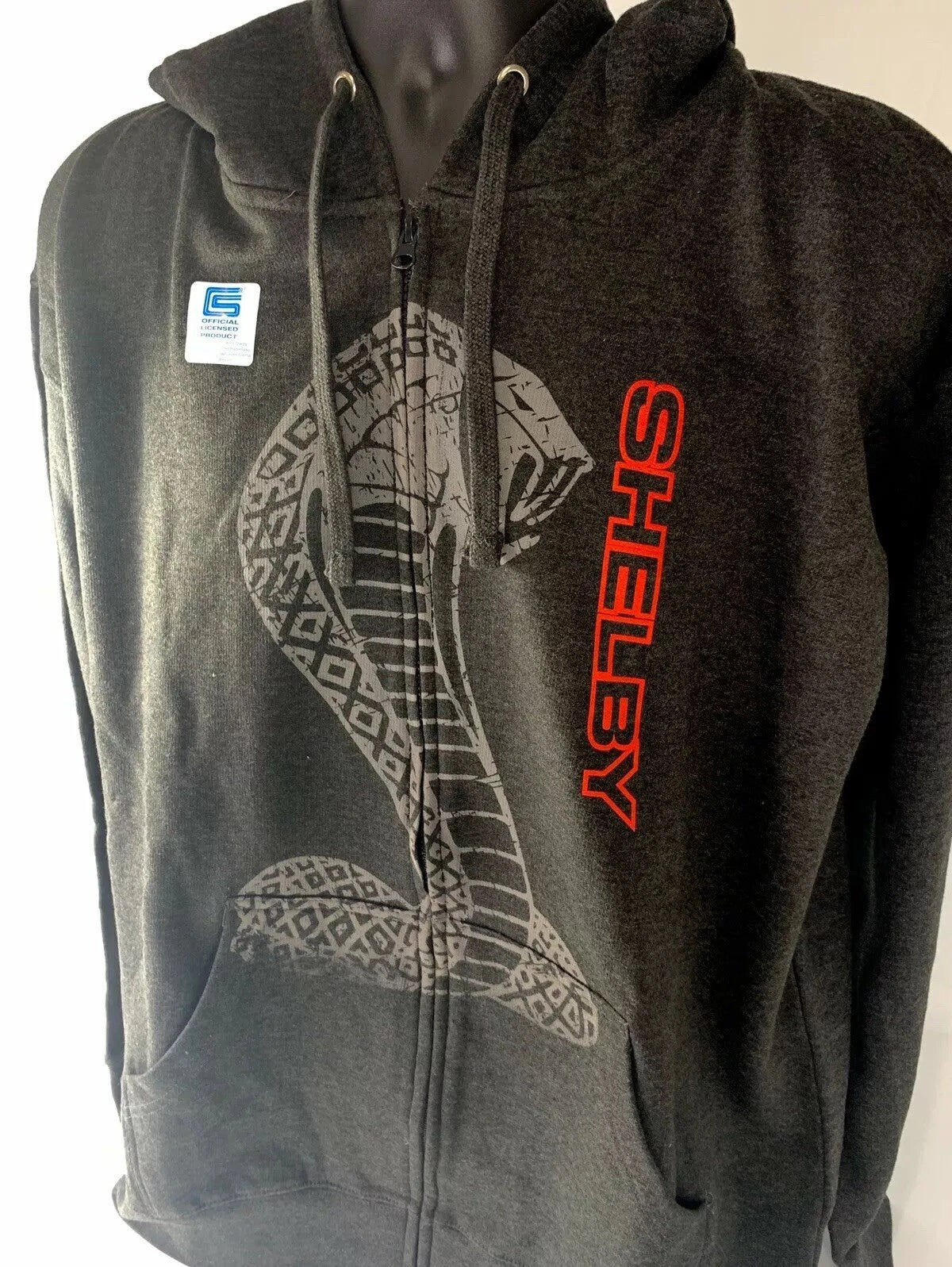 Zip Up Hoodie Jacket for Shelby Cobra (Licensed) Gray Red Snake Emblem (Unisex)