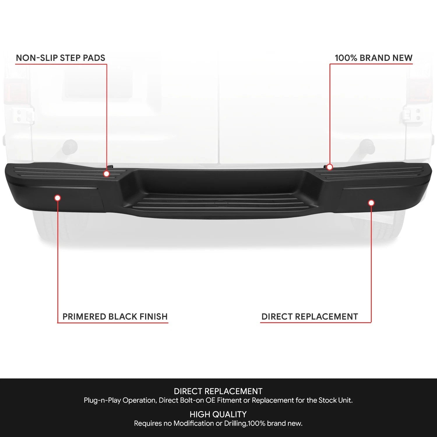 Rear Bumper for Nissan NV1500 NV2500 NV3500 (2012–2021) Black w/o Park Sensor Holes