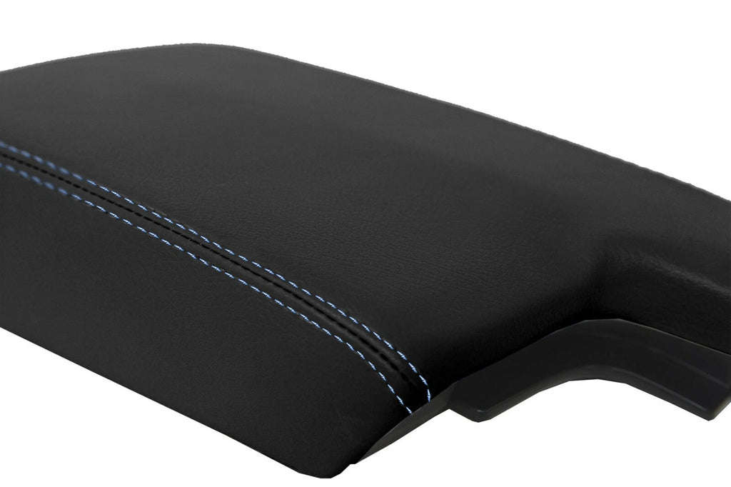 Leather Console Lid Armrest Cover for Subaru Crosstrek (2018–2020) Black Blue Stitch
