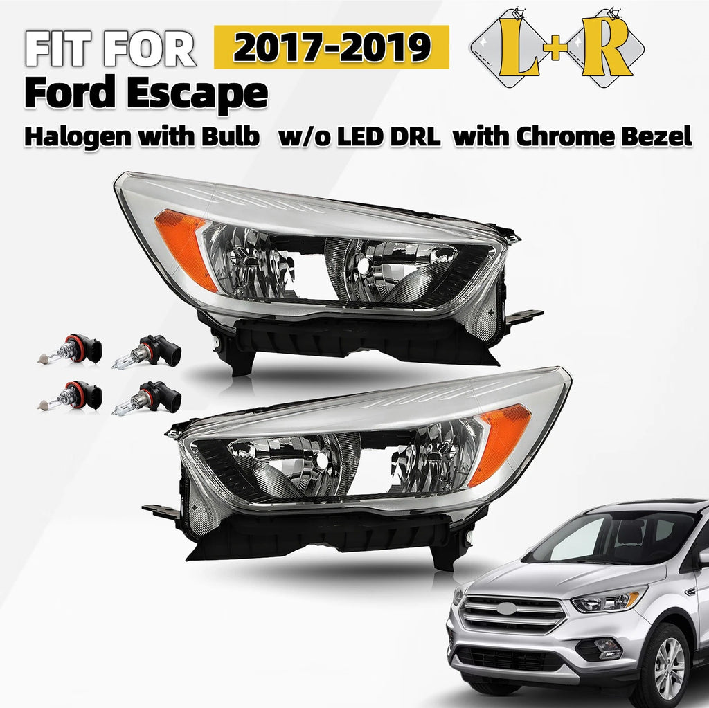 Halogen Headlight Set for Ford Escape (2017–2019) - Chrome, w/Bulb, Left+Right