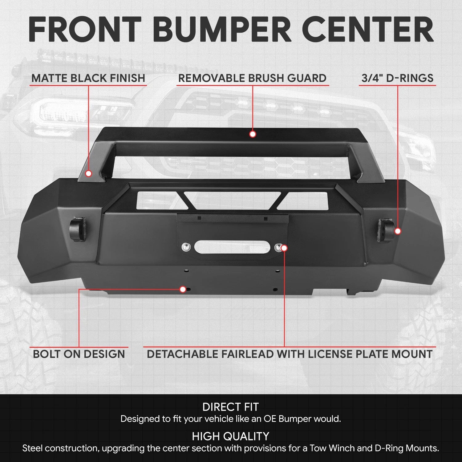 Steel Front Bumper for Toyota Tacoma (2016–2023) Matte Black Factory Style