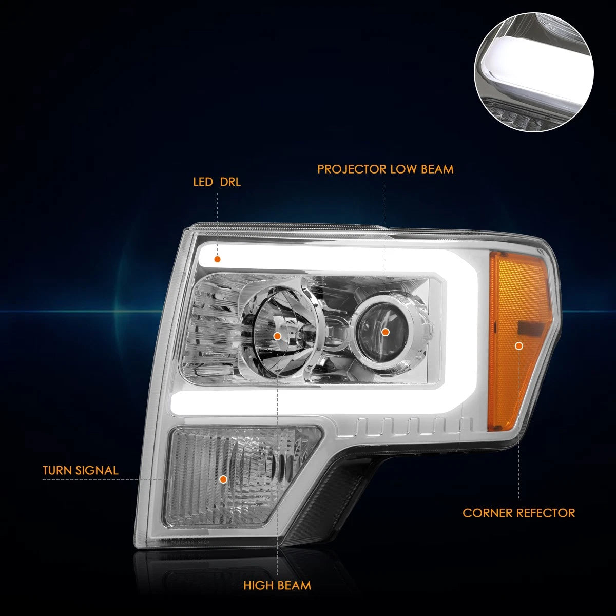 LED Projector Headlights for Ford F150 (2009–2014) - Amber Corner, Chrome