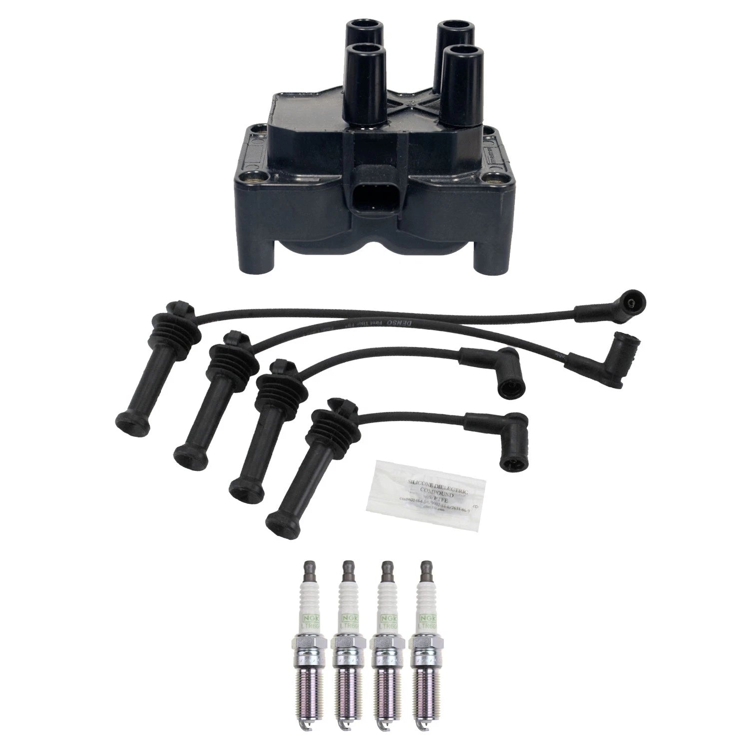 Set of 4 Denso Ignition Coil Wires & NGK Platinum Spark Plugs for Ford Fiesta (2011–2019)