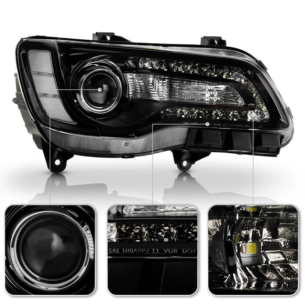 Halogen Headlight w/ LED DRL Projector Black Pair for Chrysler 300 (2015–2023)