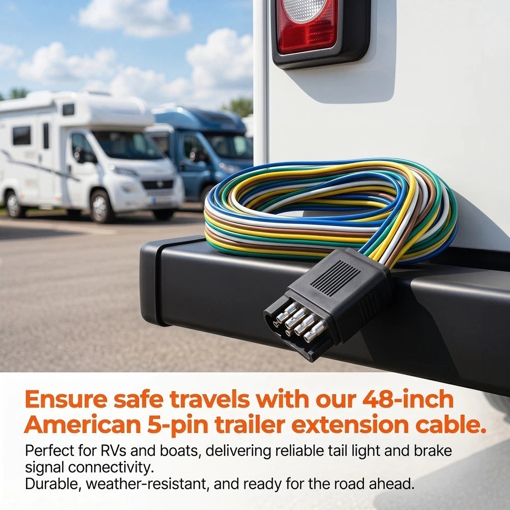 48 Inch 5 Pin Trailer Extension Cable for RV Connections (US Standard)