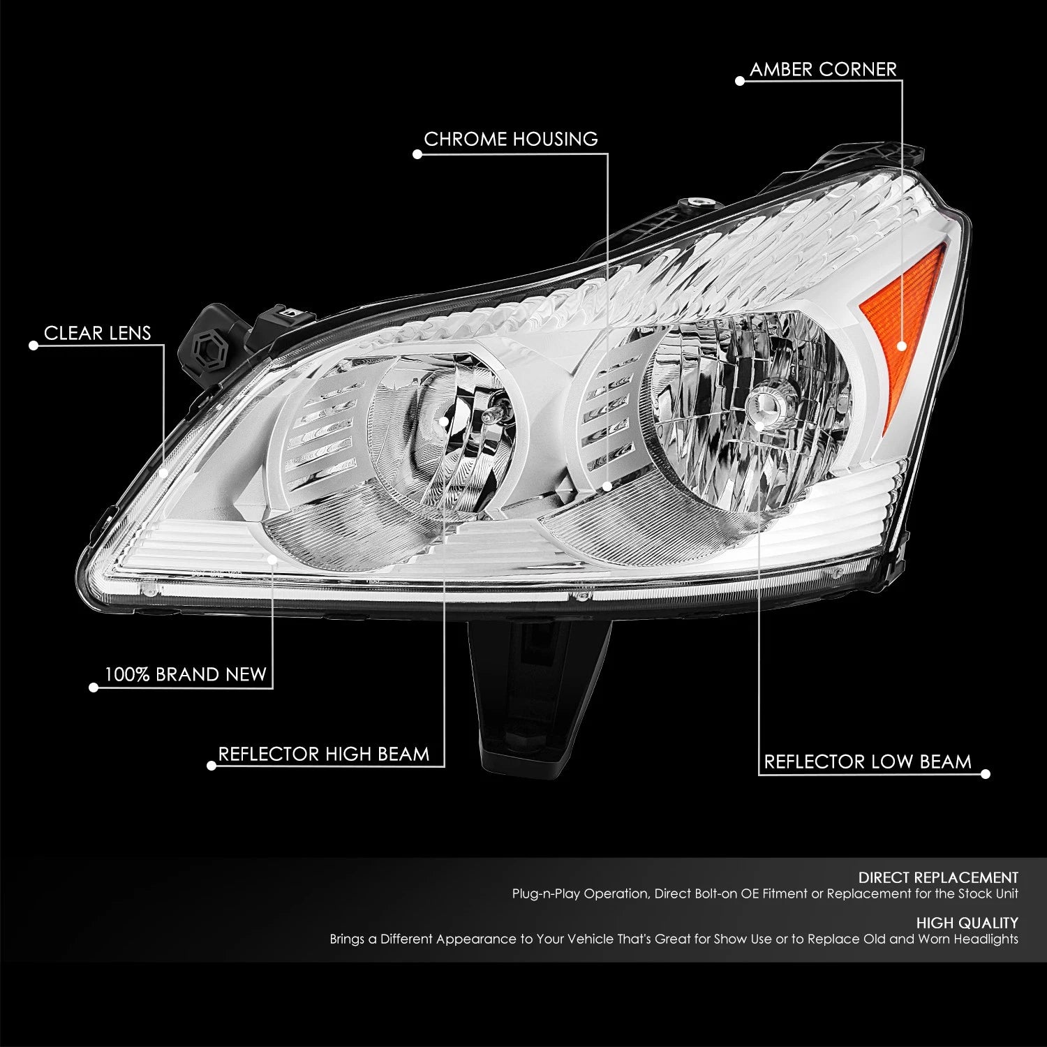 Left Side Chrome Housing Headlight Lamp for Chevy Traverse (2009–2012)