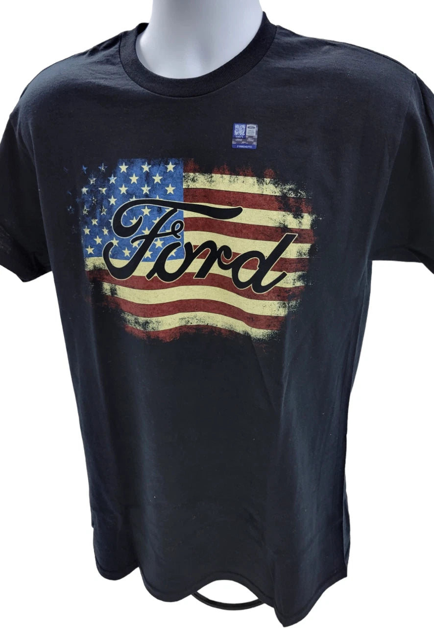 Black Ford Script T-Shirt with Emblem for Men USA American Flag Background