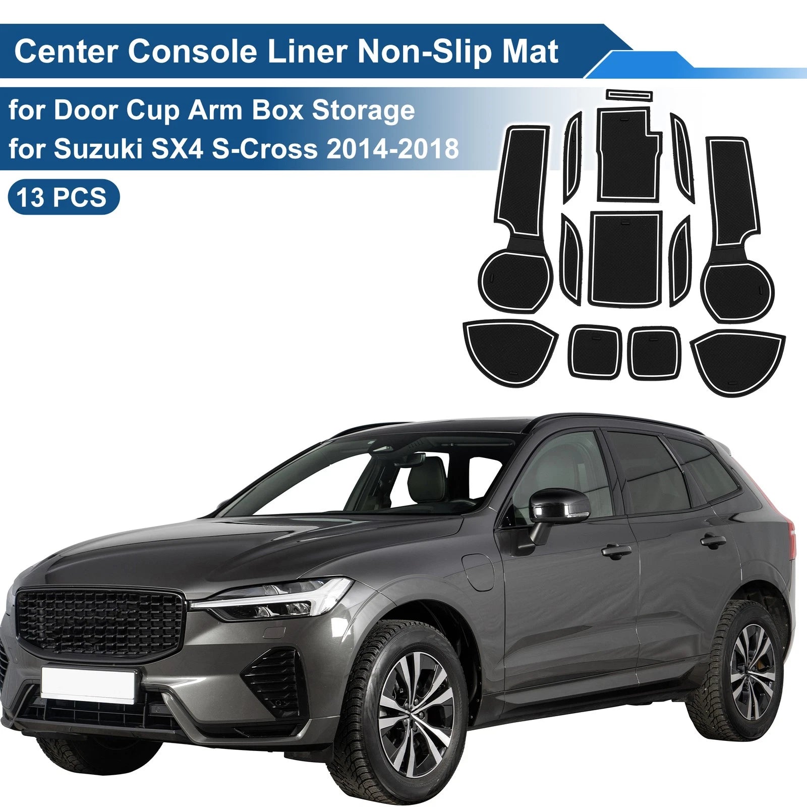 Set of 13 Non-Slip Mats for Suzuki SX4 S-Cross (2014–2018) PVC White