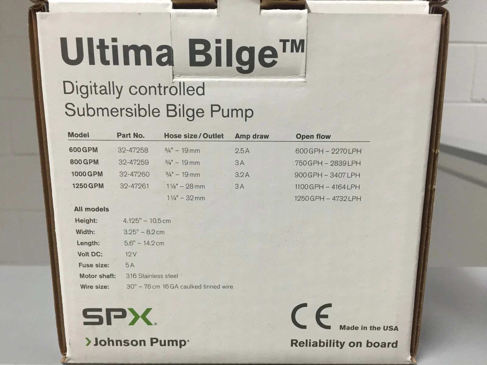 SPX Johnson Ultima Bilge Pump 12V 800 GPH with Integrated Switch 32-47259 131832