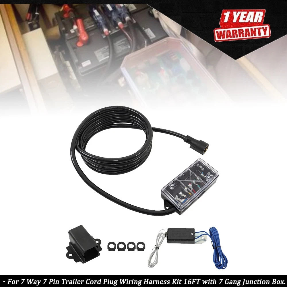 7-Way 7-Pin Trailer Cable with Junction Box for Universal Use (16FT)