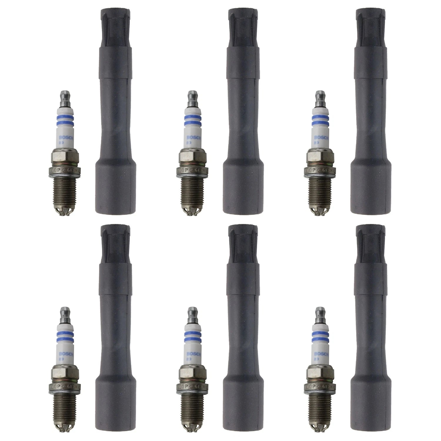 Set of 6 Bosch Platinum Spark Plugs & NGK Coil Boots for BMW 530i Z3 X5 (1997–2006)