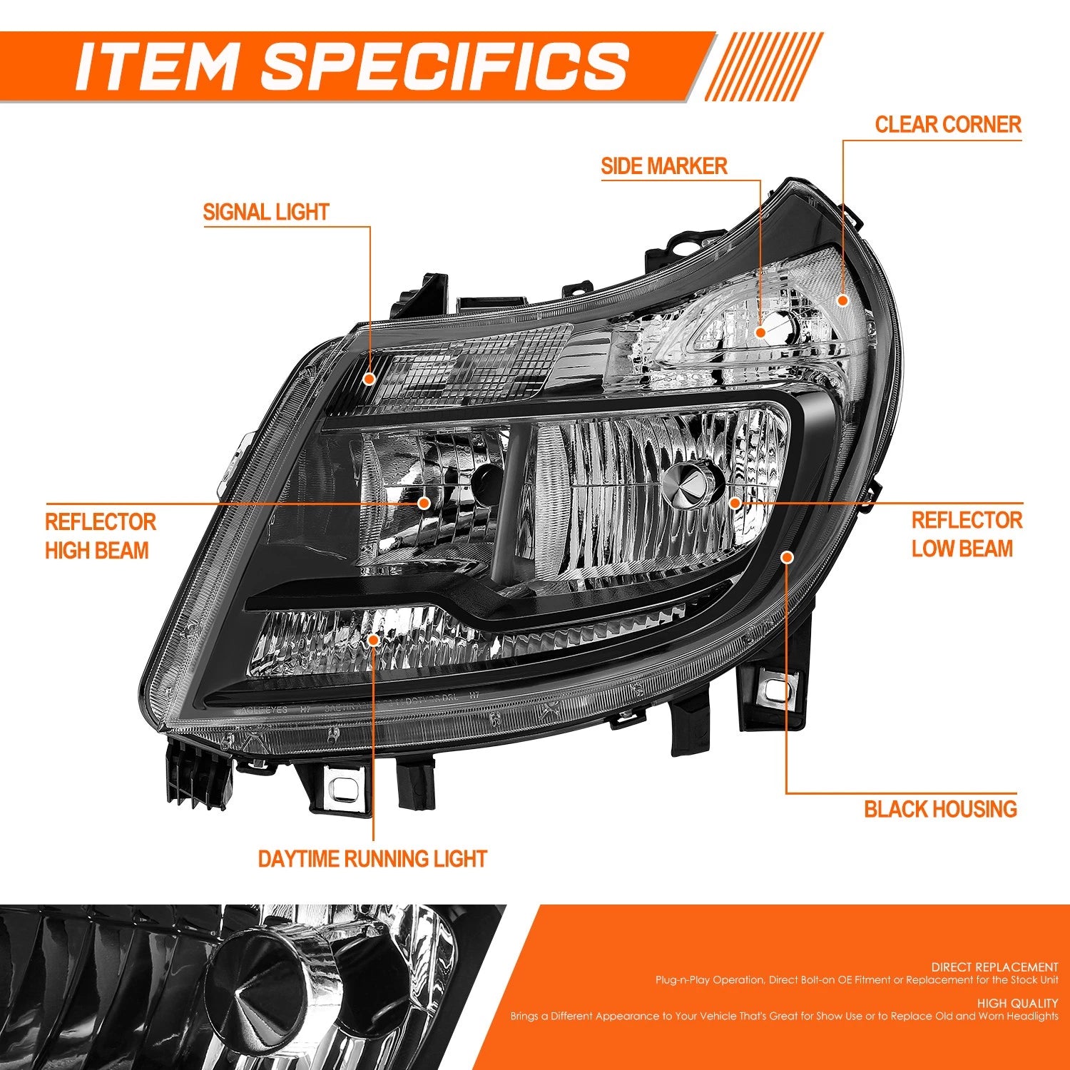 Set of 2 Black Housing Clear Side Headlights for Ram Promaster 1500 2500 3500 (2014–2022)