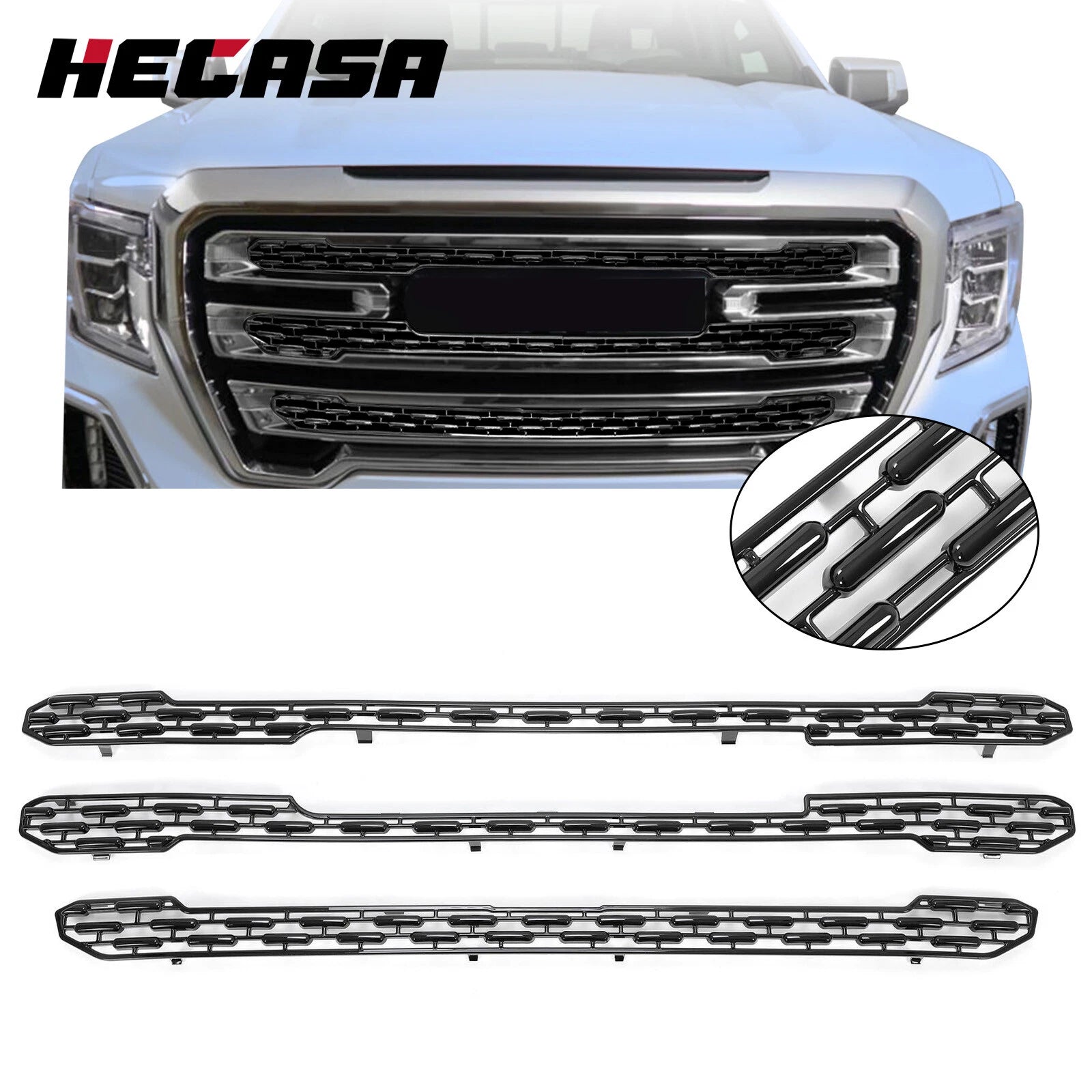 Glossy Black Grille Insert Mesh Grill Overlay for GMC Sierra 1500 SLT (2019–2022)