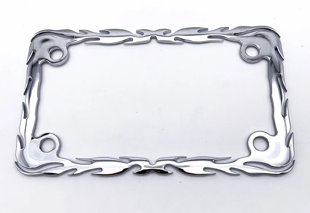 Chrome Flame Motorcycle License Plate Frame for All Makes Universal Fit (Any Year)