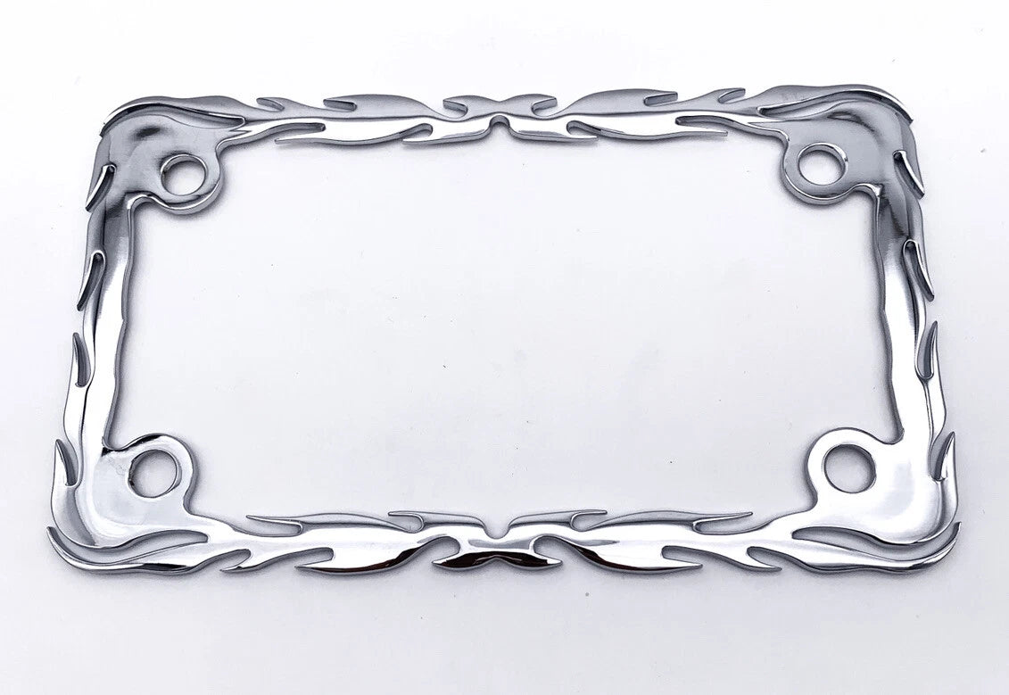 Chrome Flame Motorcycle License Plate Frame for All Makes Universal Fit (Any Year)