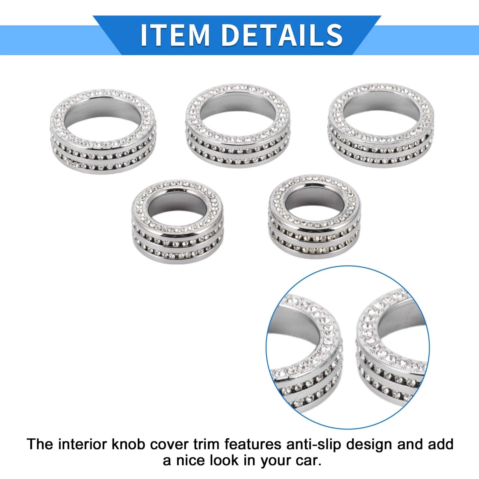 Set of 5 AC Media Tune Switch Knob Cover Ring for Honda Accord (2018–2022) Silver Tone