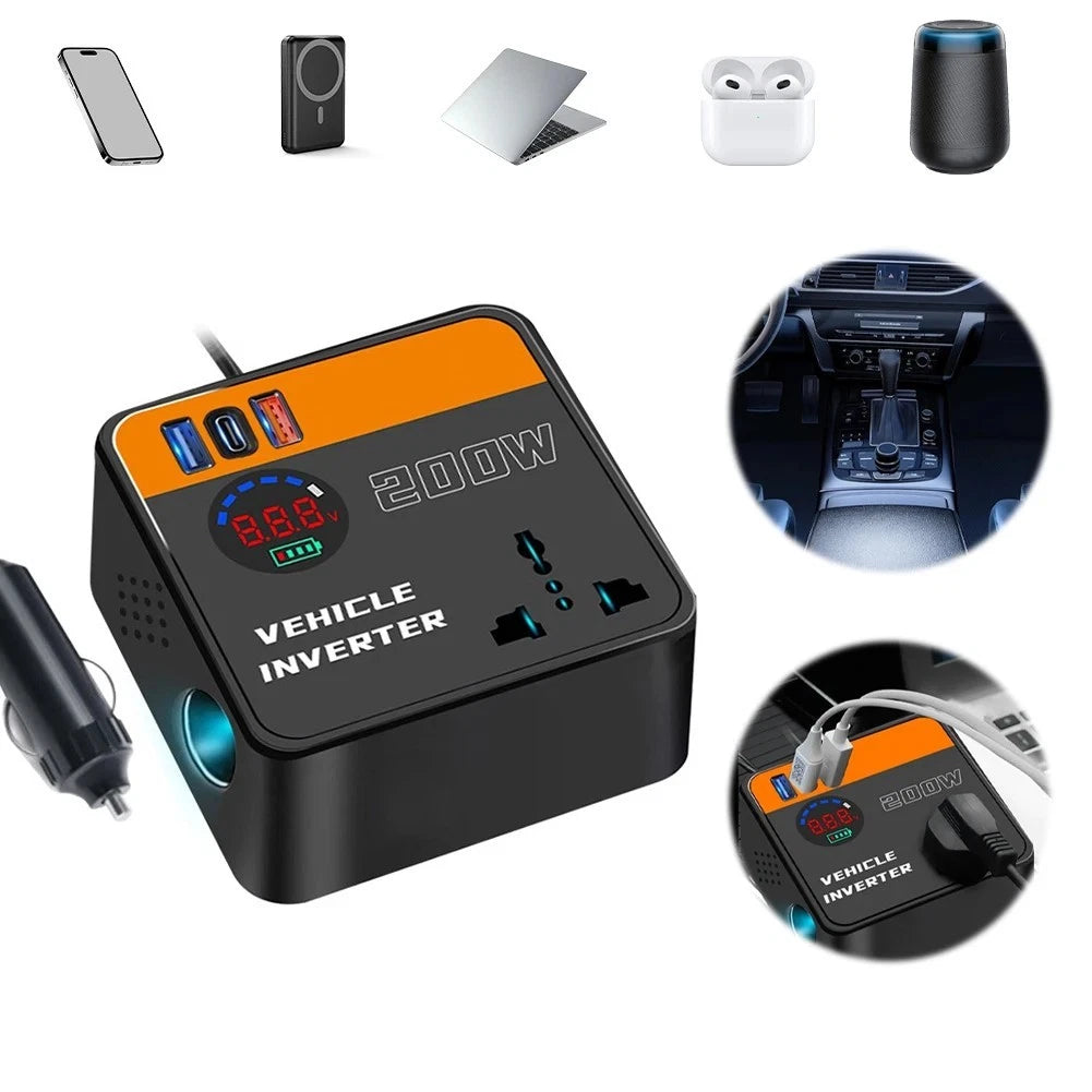 200W Car Inverter DC12V 24V to AC 220V with USB PD and Voltage Meter