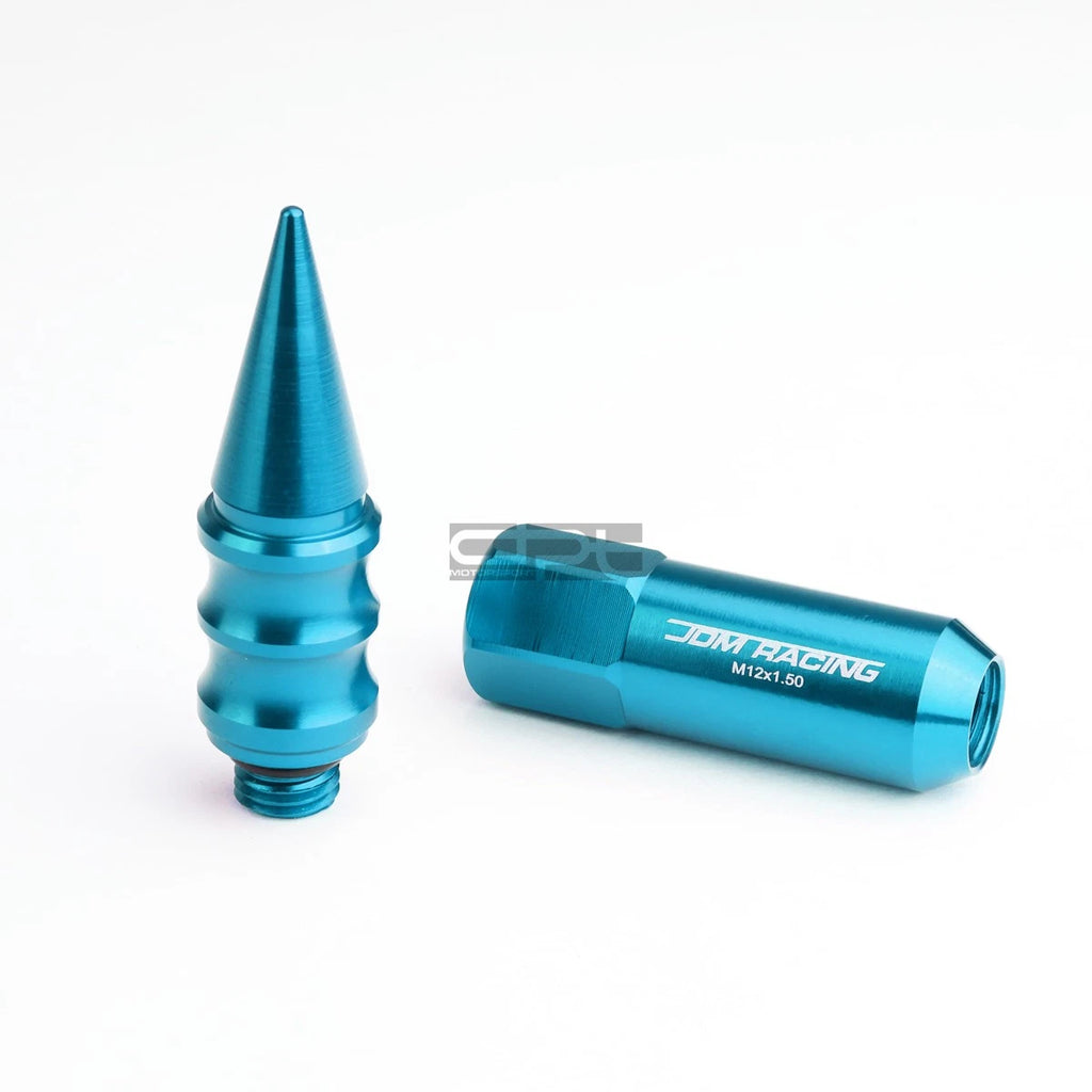 Set of 20 M12X1.5 107mm Tall Sky Blue Aluminum Spiked Lug Nuts + Adapter