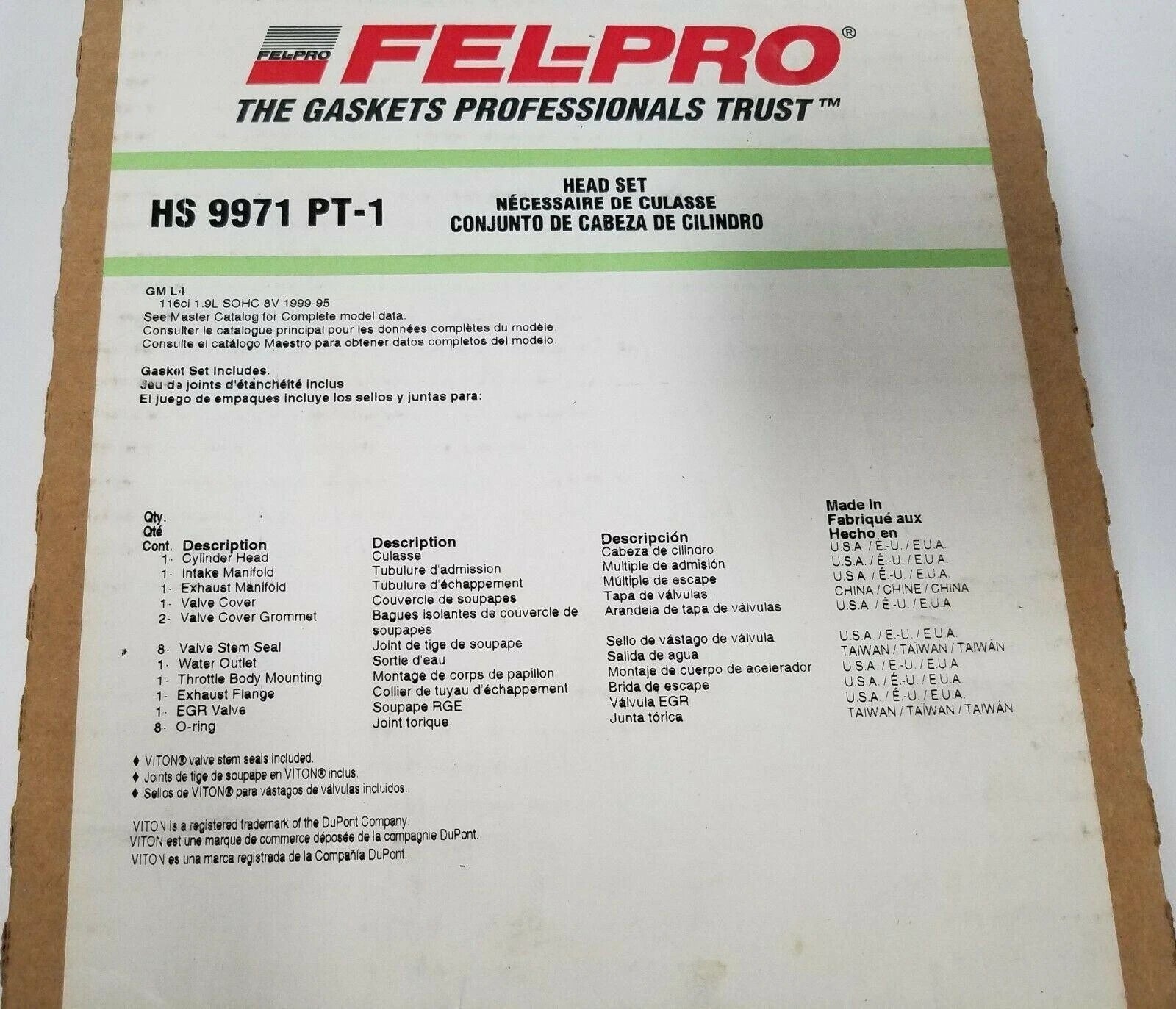 Engine Cylinder Head Gasket Set Fel-Pro HS 9971 PT-1 for GM L4 1.9L (1995–1999)
