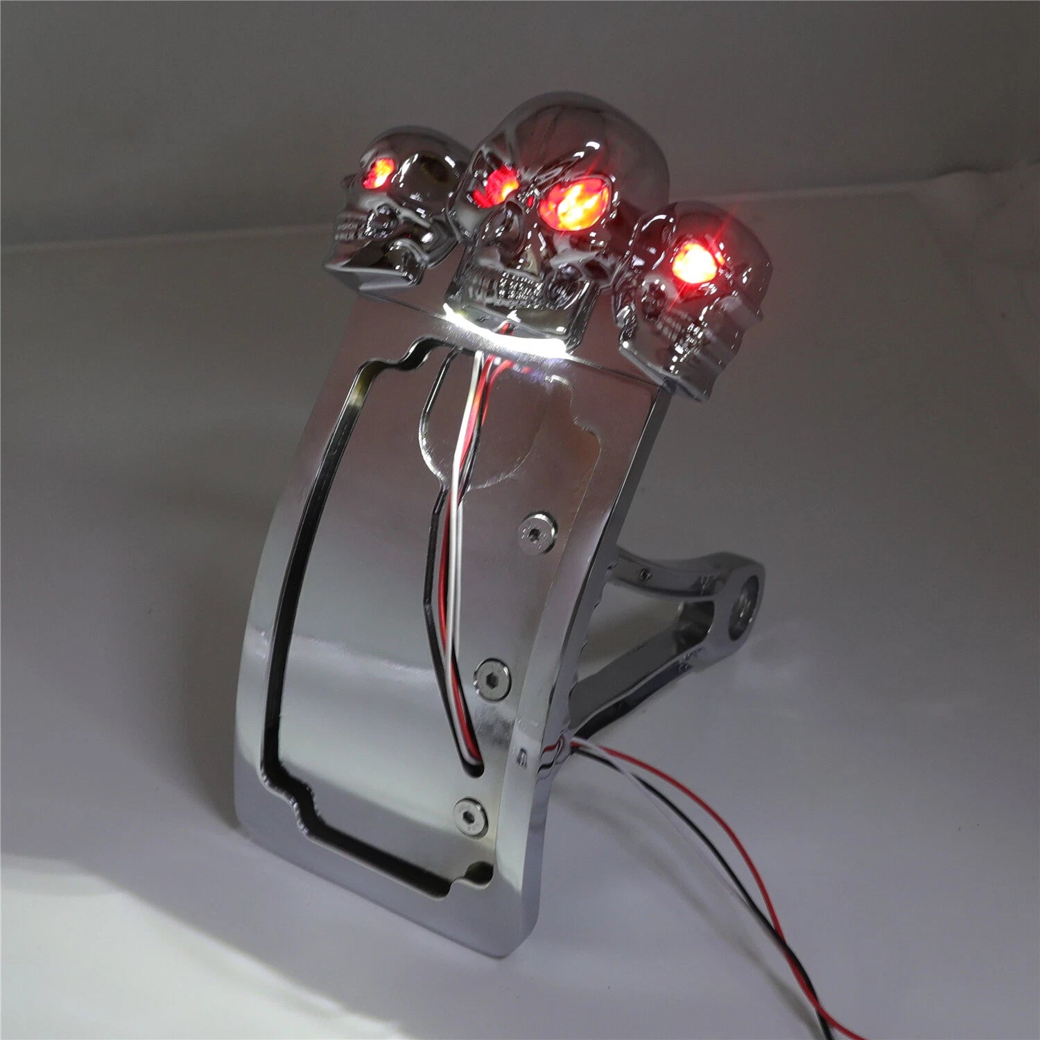 Chrome Curve Side Mount License Plate Bracket w/ Skull LED Tail Light for Ax