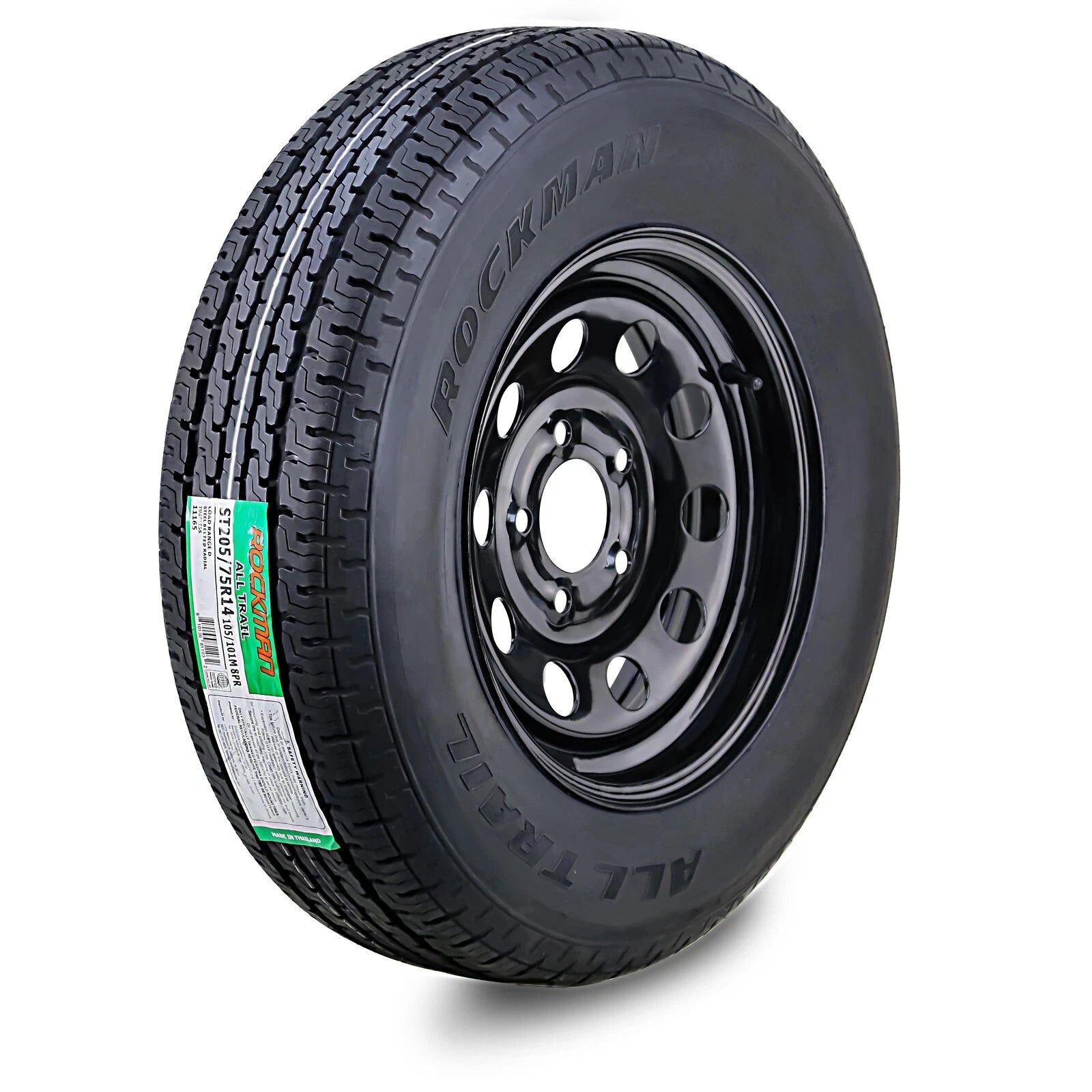 ROCKMAN ST205/75R14 Trailer Tire Rim 8-Ply 5 Lug on 4.5" Black Mod Rim