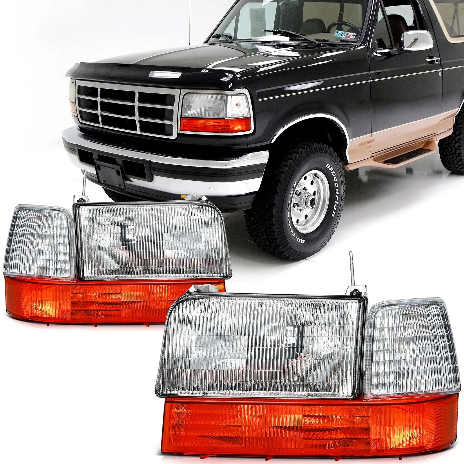 Chrome Amber Headlights Pair for Ford Bronco F-150 F-250 F-350 (1992–1997)