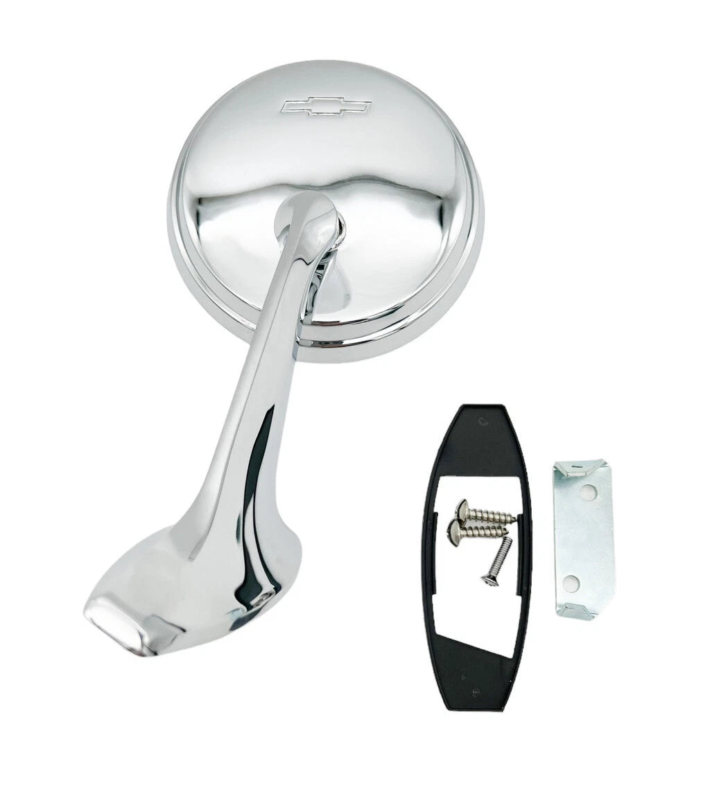 LH Driver Side Chrome Exterior Door Mirror with Bowtie for 1965–1966 Chevy Impala
