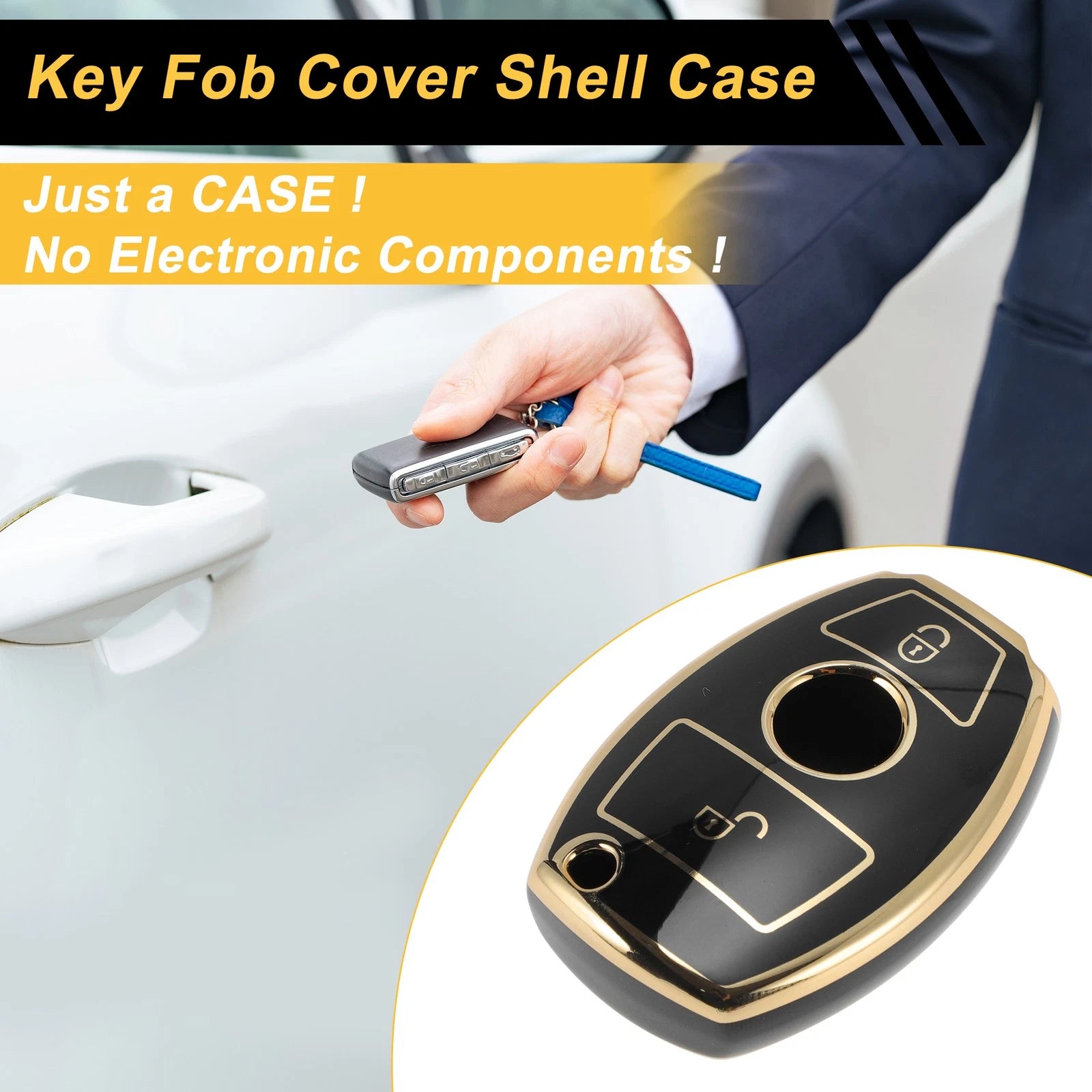 TPU Silicone Car Key Case for Mercedes-Benz (2 Buttons) - Black/Gold Edge