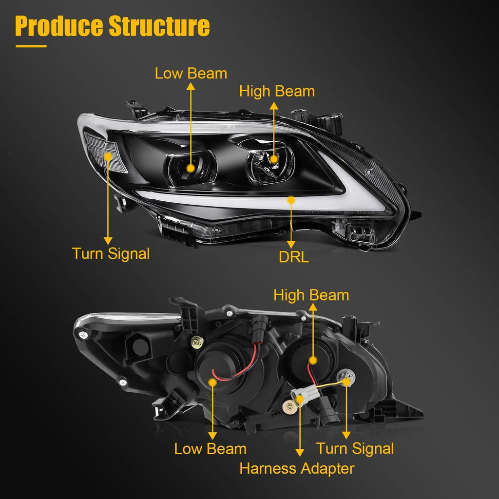 2X Headlight Assembly with LED DRL for Toyota Corolla (2011–2013)