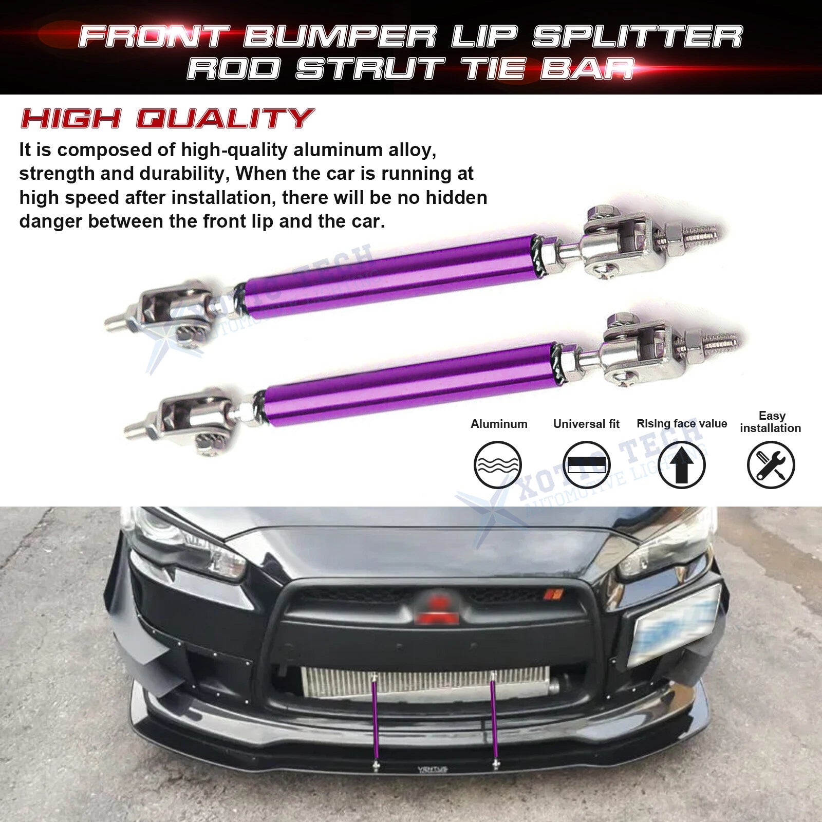 Adjustable Purple Front Bumper Strut Rod Tie Stabilizer Bar for 6''-9'' (2Pcs)