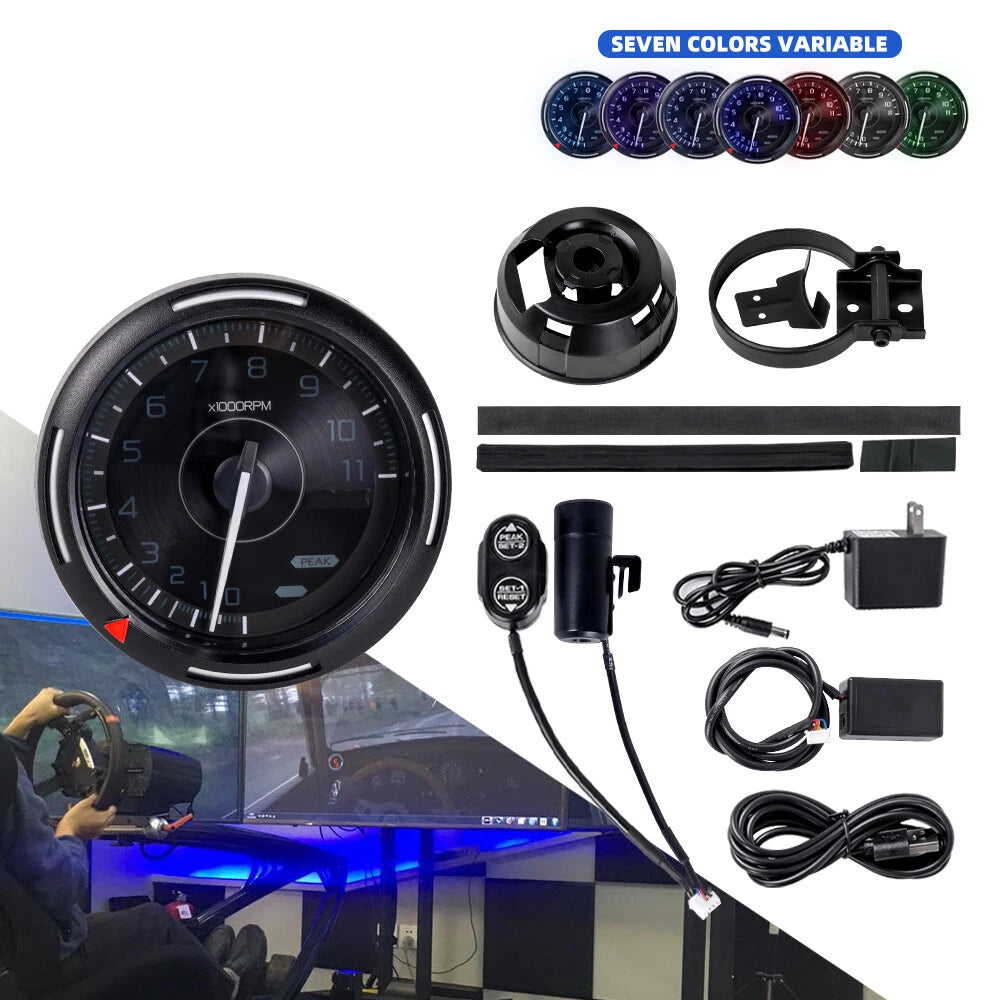 7-Color 12V Tachometer Gauge 0-11000 RPM for Racing Simulator
