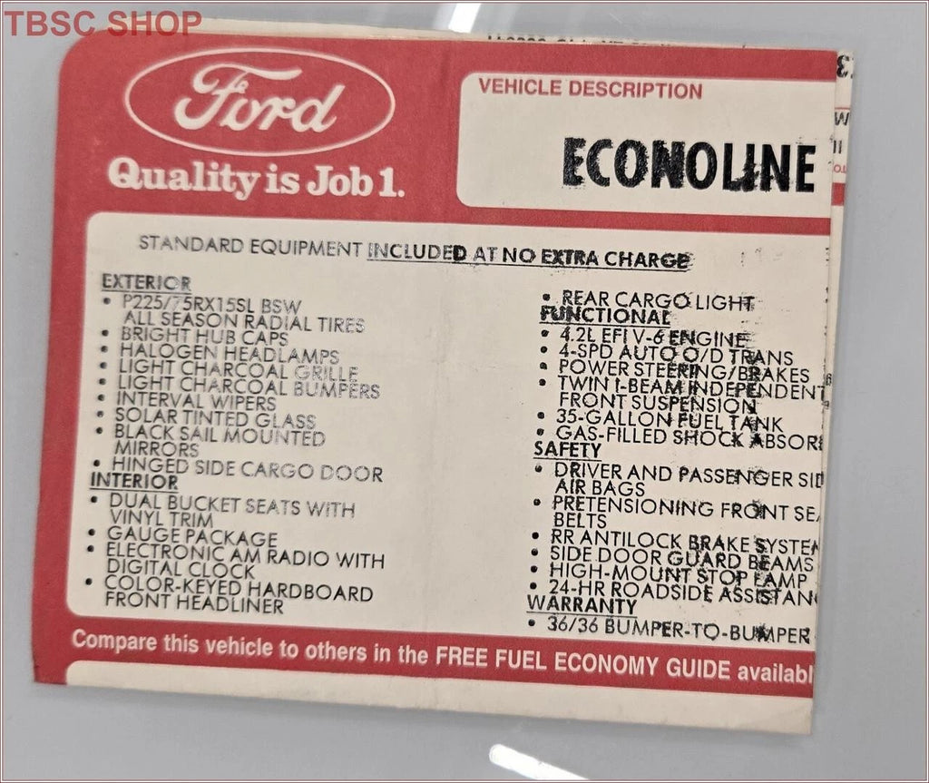OEM Window Dealer Sticker for Ford Econoline E150 (1997)