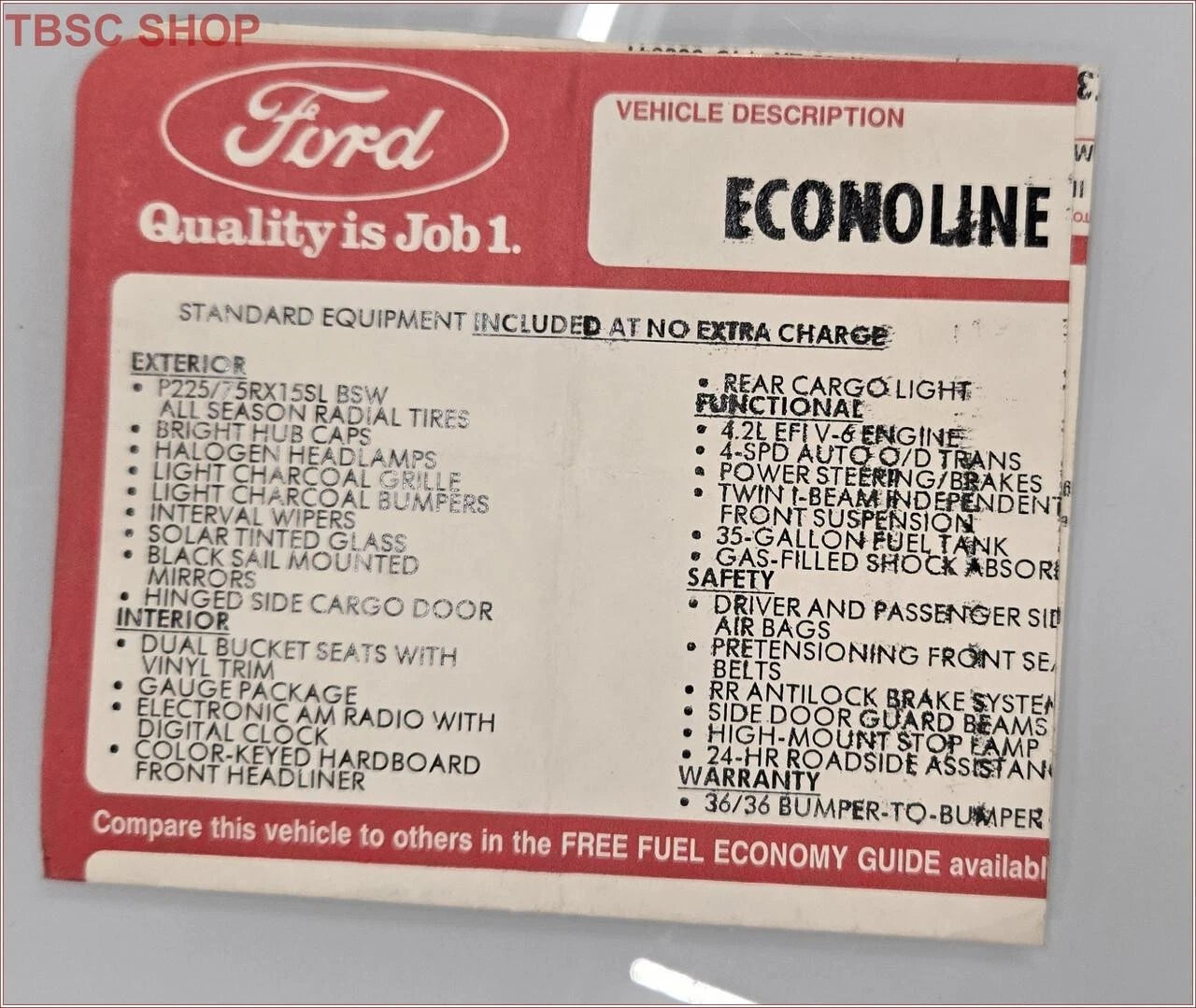 OEM Window Dealer Sticker for Ford Econoline E150 (1997)